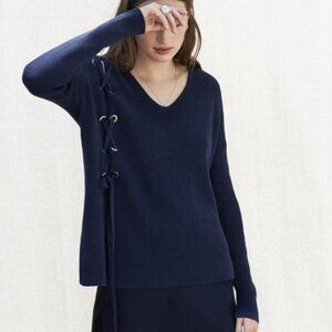 White + Warren Asymmetric Lace-Up Rib Knit Cotton Sweater Navy Blue Small‎